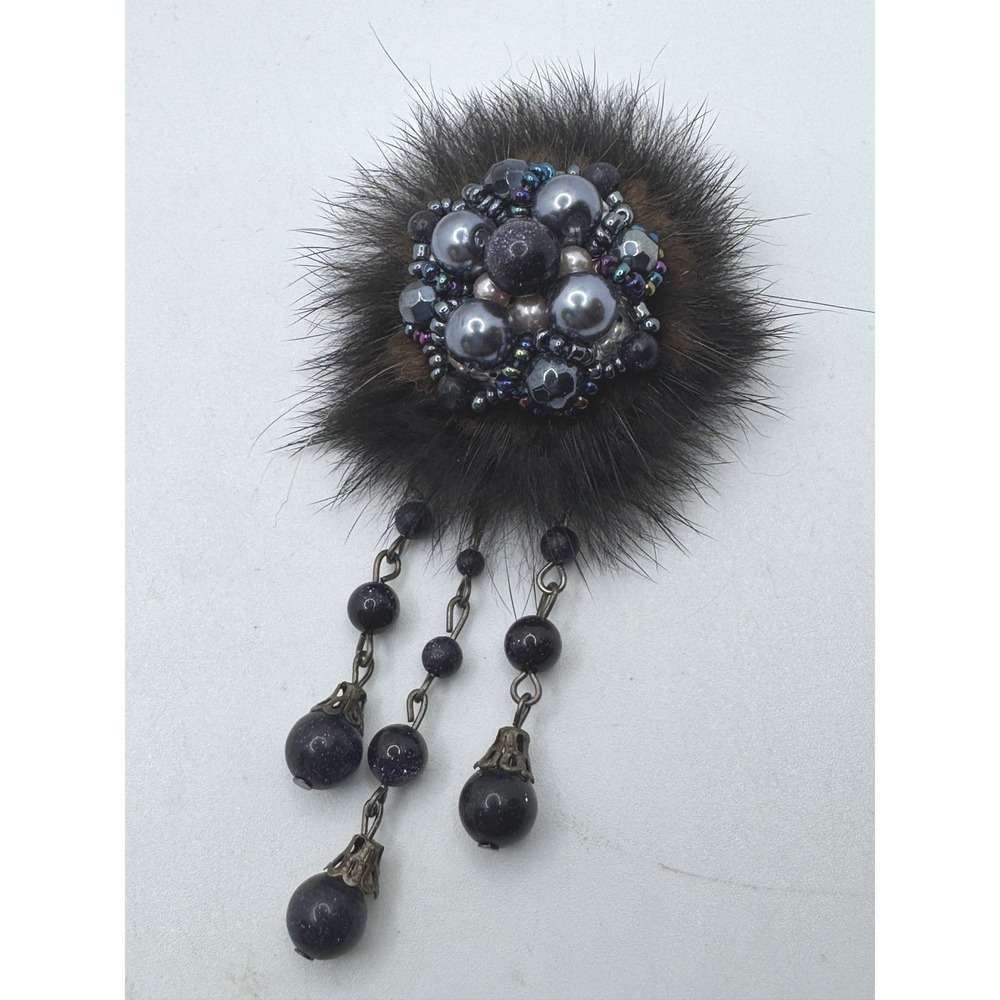 Vintage Style Faux Fur Beaded Dangle Brooch Brown Navy Blue Silver Tone Pin